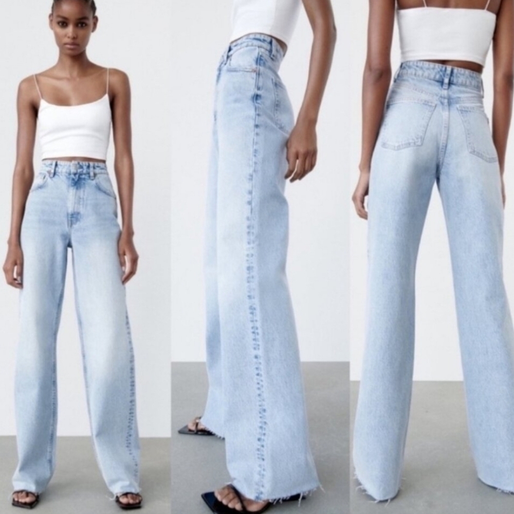 Zara High Rise Full Length Distressed Hem Jeans Brand New With Tags - Picture 2 of 16